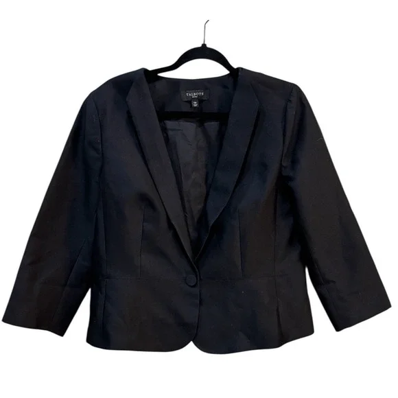 Talbots Black Silk Cotton 3/4 Sleeve Blazer Size 14 Petite Cropped Career - Picture 1 of 12